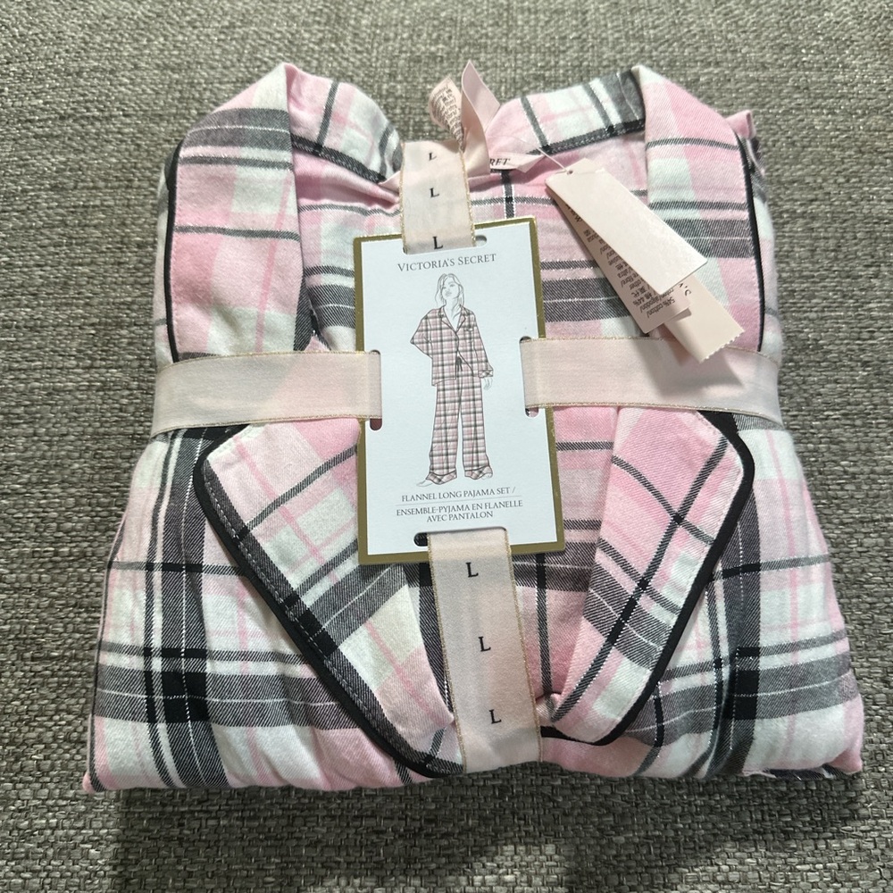 Victoria's Secret Pink, Gray & White Plaid Flannel Pajama Set